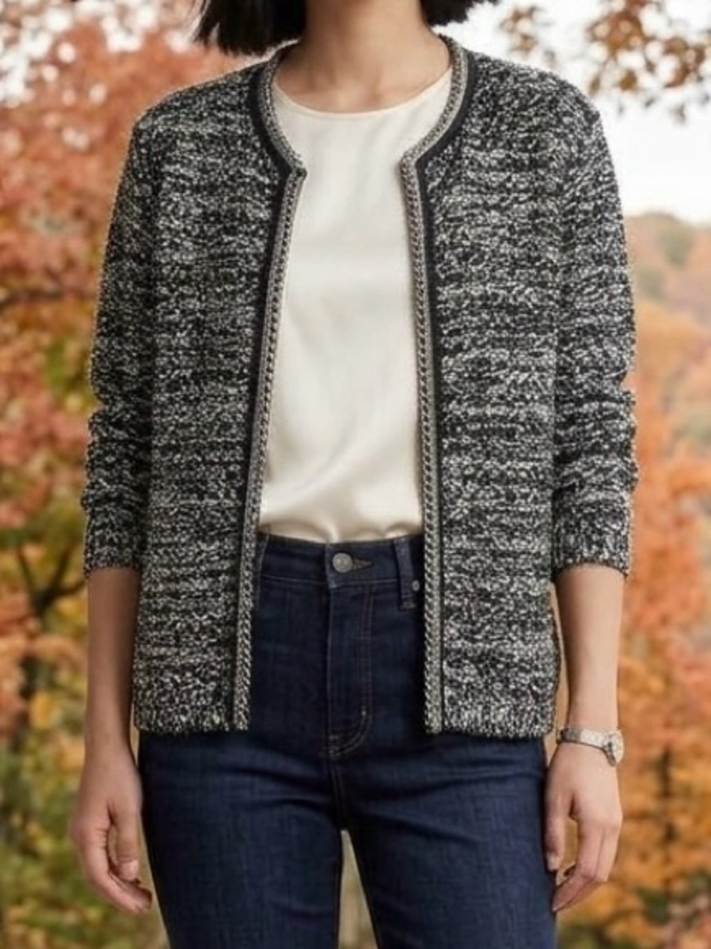 Yaira Petite PXL Marled Knit Open Front Cardigan Silver Chain Trim Chanel Style